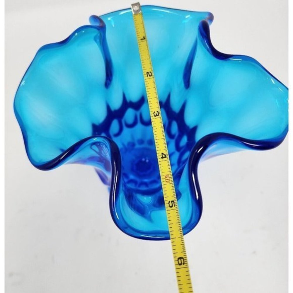 Vtg‎ Fenton Swung Stretch Handkerchief Pedestal Thumb Print Colonial Blue Vase - Picture 9 of 12